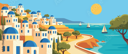 Flat vector illustration of a Mediterranean seaside village with white houses and blue domed roofs. Coastal landscape with sailboats on the turquoise sea, sunny sky, and a winding cliffside road