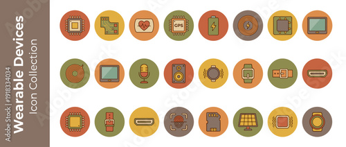 Smart Wearable Device Components Vector Icon Set of 24 Flat Design Graphics in Warm Earthy Colors. Features CPU, GPS, Battery, Heart Rate, Smartwatch, Sensors, and Hardware Technology Components.