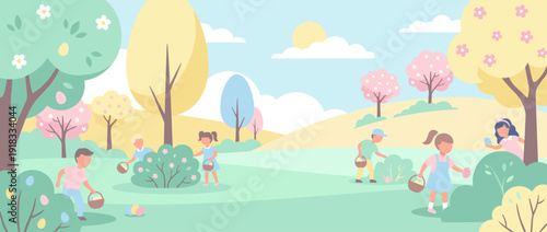 Flat vector illustration of a panoramic Easter egg hunt in a sunlit park with children searching for colorful eggs hidden in bushes and trees under a bright blue sky with fluffy clouds and sun.