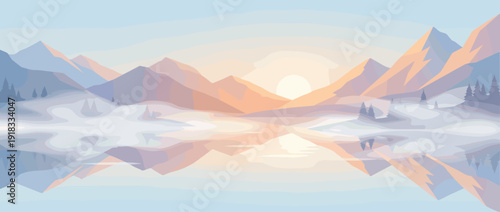 Peaceful Dawn at a Mountain Lake with Reflections and Mist, Soft Gradient Colors, Serene Nature Landscape Vector Illustration, Panoramic View of Sunrise over Mountain Peaks and Calm Water Surface