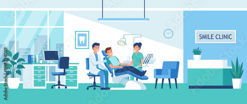 Modern Dental Clinic Interior Vector Illustration Featuring a Professional Dentist and Assistant Treating a Patient in a Specialized Chair, Reception Area, Office Workspace, and City View