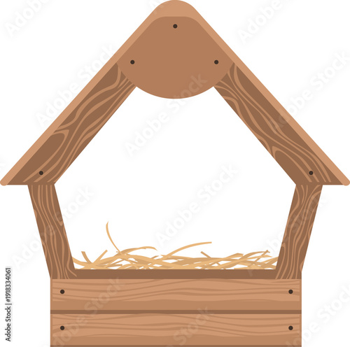 Rustic wooden birdhouse with straw nesting material.