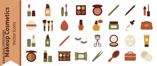 Comprehensive collection of 32 flat design makeup and cosmetic icons. Includes beauty essentials like lipstick, foundation, brushes, and skincare products in a warm earthy color palette.