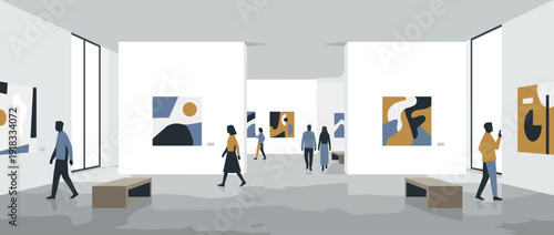 Modern Art Gallery Interior Vector Illustration Featuring Abstract Paintings and Visitors. Minimalist Museum Exhibition Space with People Viewing Contemporary Artworks on White Walls.