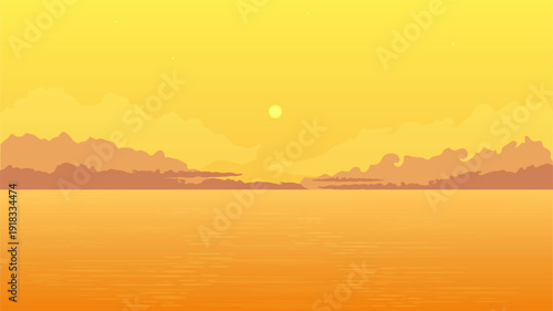 Peaceful ocean sunset with golden sky and mountains.