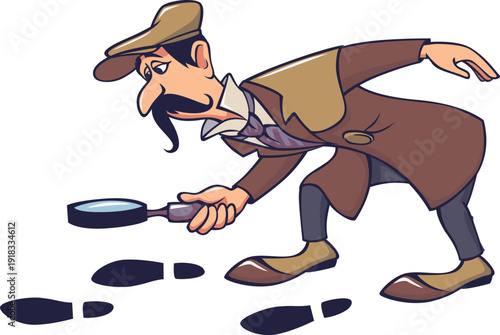 Cartoon detective following footprints with magnifying glass.