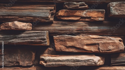 Textured natural stone and wooden wall background, featuring various shapes and colors that enhance rustic charm and aesthetic appeal for design projects