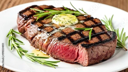 Perfectly grilled medium rare beef steak rests on a white plate topped with melting herbed butter and fresh rosemary sprigs for garnish