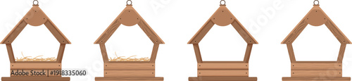 Wooden bird feeders with open roof design.