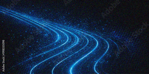 An abstract blue space background blends with the motion of city traffic lights as a car speeds along a night highway bridge