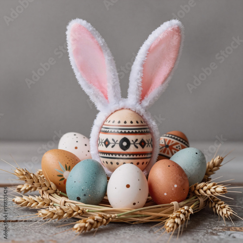 tribal tattoo, a vintage easter arrangement showcasing speckled eggs, wheat stalks and bunny ears