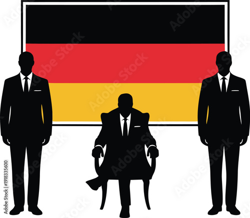 German chancellor silhouette sitting on chair with security guards and germany flag behind