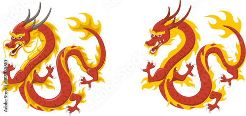 Fiery red dragon illustration with flames and horns.