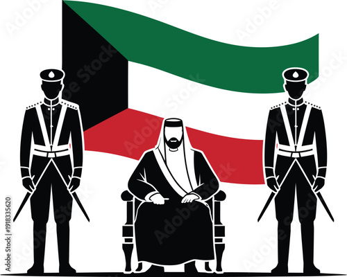Kuwaiti leader seated on throne with guards, national flag waving