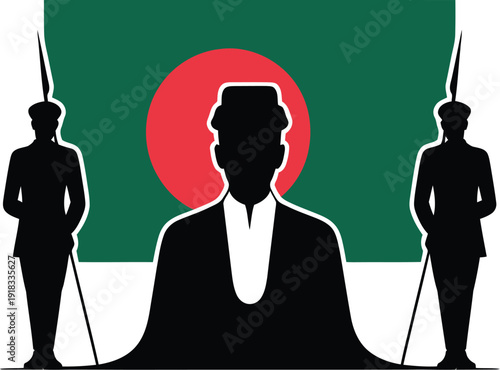 Leader and guards in front of Bangladesh flag, symbol of nation and power