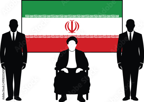 Middle eastern leader sitting in front of iran flag with guards in formal suits vector art