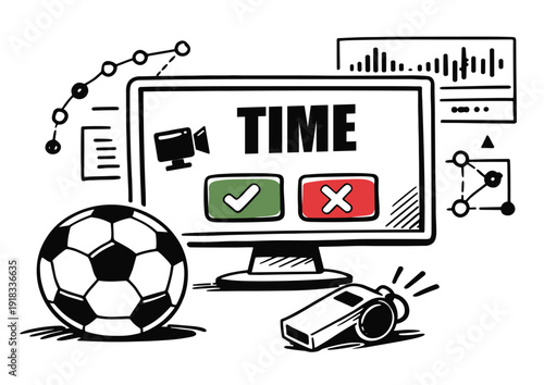 Soccer VAR referee decision screen vector illustration. Video assistant referee screen with football and whistle. Flat vector illustration representing VAR review, referee decision and match judgement