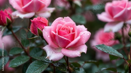 Close-up of pink roses with dew drops in a garden setting.