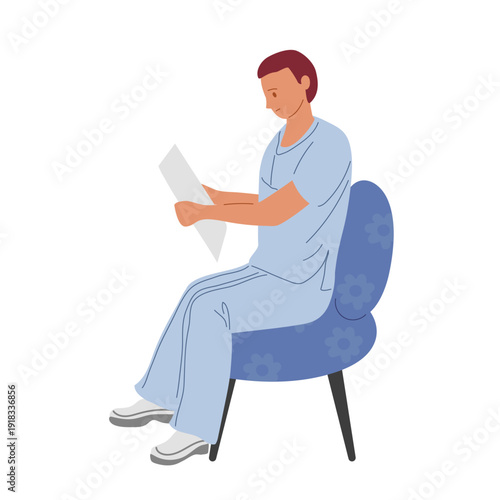 Medical worker. Man in medical special uniform sits in chair reading patient chart. Medical care vector illustration in flat style