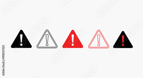Set of various red and black warning and alert triangle icons with exclamation marks, indicating caution or danger, displayed in a bright studio.