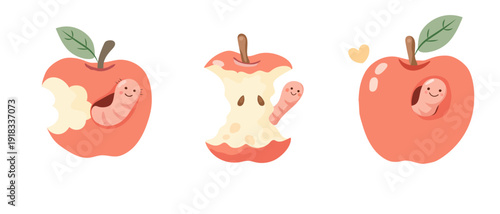 Vector set of cute red apples with a happy worm character. Includes a whole apple, a bitten apple, and an apple core. Soft textures and friendly hand-drawn style.