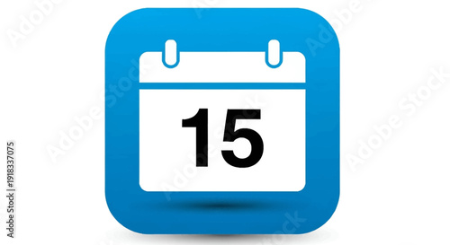 Bright Blue Calendar Icon Displaying the Date 15 on Isolated White Background.
