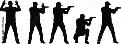 Black silhouette set of men aiming handguns, tactical shooting poses, pistol firing range, security training, military action, surrender with hands up,