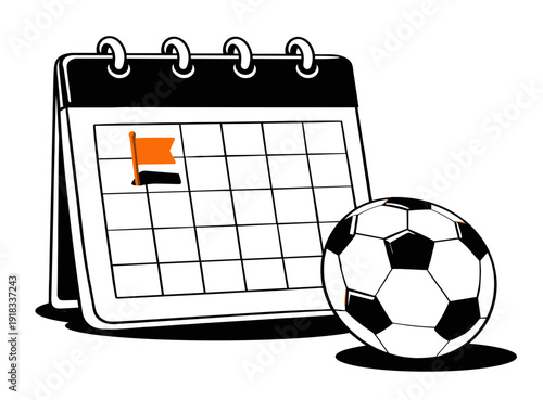 Postponed soccer match calendar vector illustration. Football calendar with warning flag and soccer ball. Flat vector illustration representing postponed match, delay and sports schedule interruption.