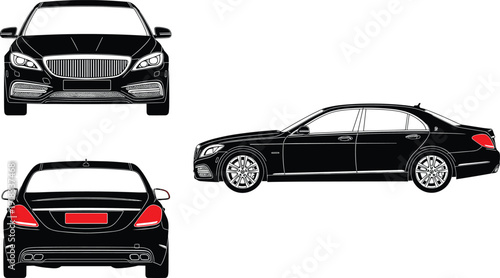 Luxury sedan car vector illustration set, front view, side profile, rear view, black auto silhouette with red lights, isolated,