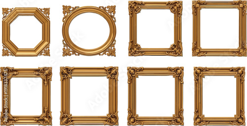 Vintage gold picture frame set, ornate baroque borders, luxury antique frames collection, classic museum gallery elements, elegant golden vector, isolated,