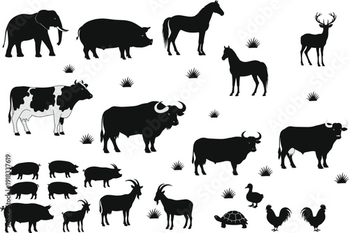 Set of animal silhouettes including elephant cow horse pig deer goat buffalo chicken duck and turtle for farm and wildlife design