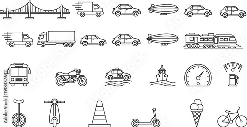 Set of urban transportation line icons including cars delivery trucks train bridge motorcycle scooter bicycle blimp bus and city infrastructure symbols