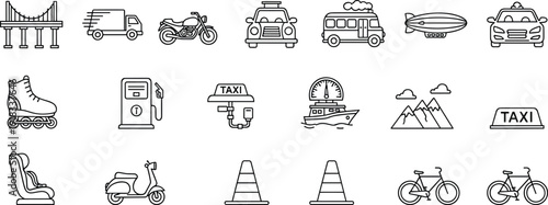 Set of urban transportation line icons including taxi delivery truck motorcycle bus blimp bridge gas station bicycle and traffic safety symbols