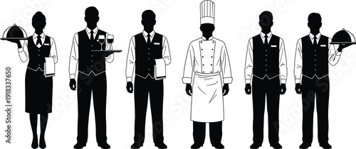 Set of restaurant staff silhouettes including chef in uniform and waiters carrying food trays and wine glasses for hospitality industry
