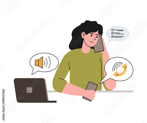 Girl torn apart at work. Phone conversations. Young woman forced to answer phone calls, phones, laptop. Doodle illustration.