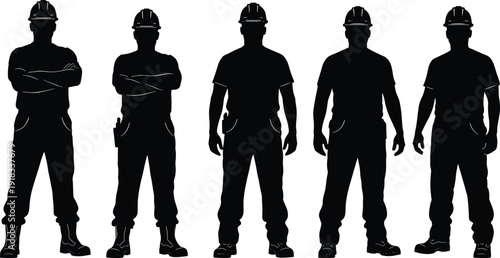 Set of construction worker silhouettes wearing hard hats and safety gear standing in professional poses for industrial engineering and building projects