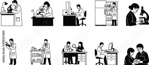 Set of laboratory scientist characters working with microscopes conducting research and analyzing medical samples for science education and healthcare technology industry