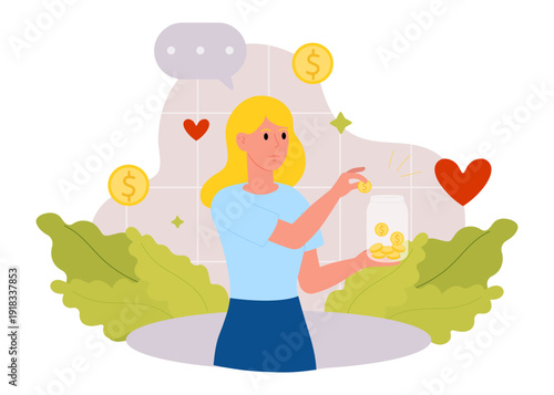 Money savings. Young woman putting coins into piggy bank. Concept of saving and increasing money. Vector illustration.