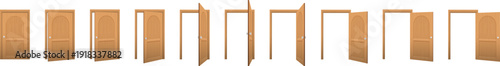 Multiple wooden doors open and closed sequence.