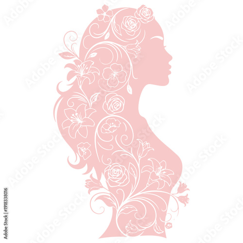 Elegant woman silhouette with floral hair design in soft pink