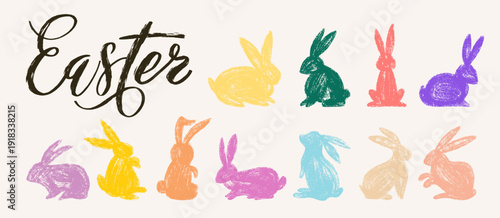 Happy Easter poster, card with colored decorated eggs, floral elements. Hand drawn with chalk texture and coals. Childish naive style. Festive design for spring celebration. Easter greeting card.