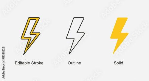 Set of three lightning bolt icons in editable stroke, outline, and solid styles on bright studio background, Energy and power symbols.