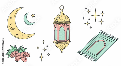 Ramadan Kareem Decorative Elements Set - Islamic Icons with Crescent Moon, Lantern, Prayer Rug, and Dates - Vector Illustration