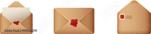 Sealed envelopes collection with wax seal and stamp.