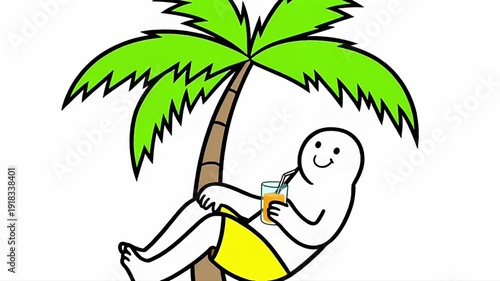 Stick Figure Relaxing Palm Tree Cocktail Cartoon Illustration, Lounging Tropical Drink Palm Tree Illustration Animation