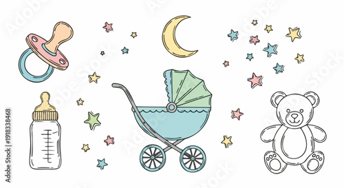 Baby Nursery Elements Set with Stroller, Teddy Bear, Pacifier, and Stars
