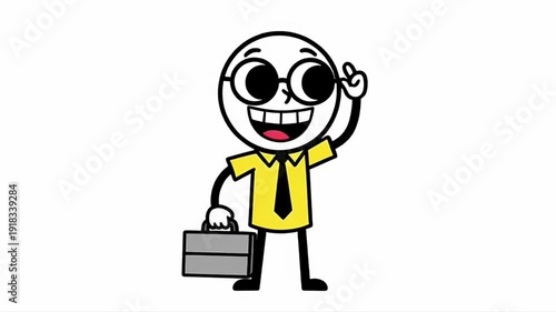 Stick Figure Businessman Briefcase Waving Cartoon Illustration, Office Worker Holding Briefcase Cartoon Character Animation