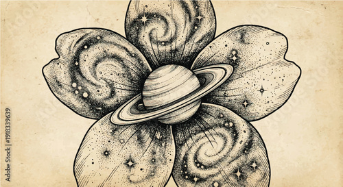 Surreal Cosmic Sakura Flower Illustration - Vintage Galaxy and Planet Blossom Sketch
