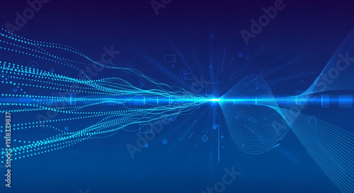 Futuristic blue light beam with glowing lines and dots on dark background conveying technology and innovation concepts