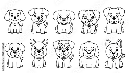 Cartoon dogs in various breeds isolated on transparent background.